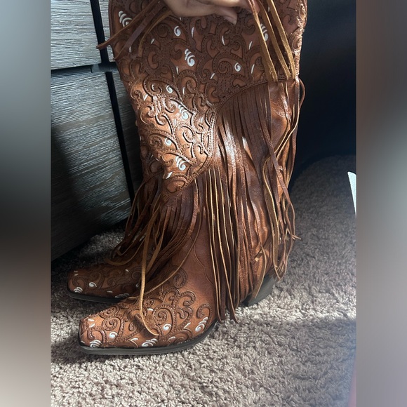 Corral Boots Womens Caracas Fringe And Tooled-Inlay Snip Toe Cowboy Casual Boots - Picture 2 of 7